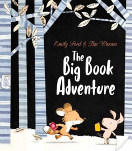 The cover of The Big Book Adventure that features an illustrated fox and pig carrying books.